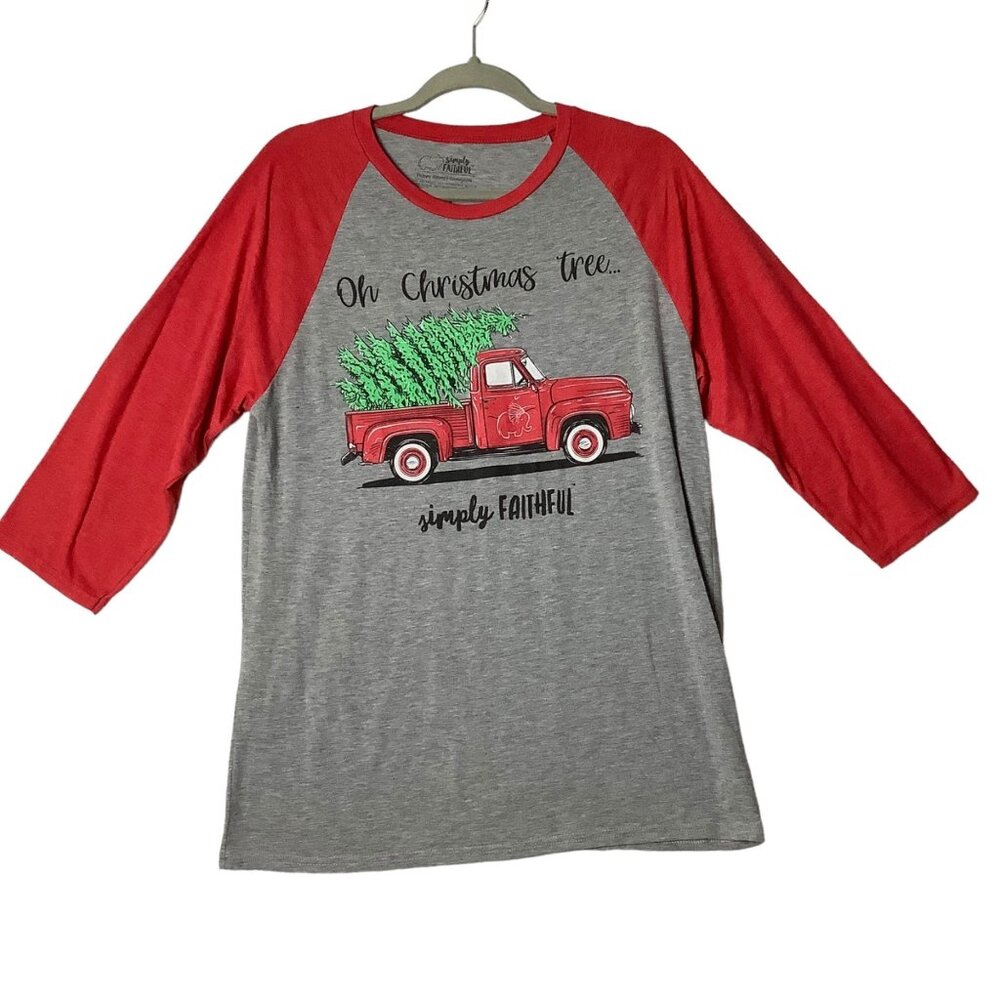 Simply Faithful Oh Christmas Tree Raglan Shirt‎ Women Size Medium Cotton Blend